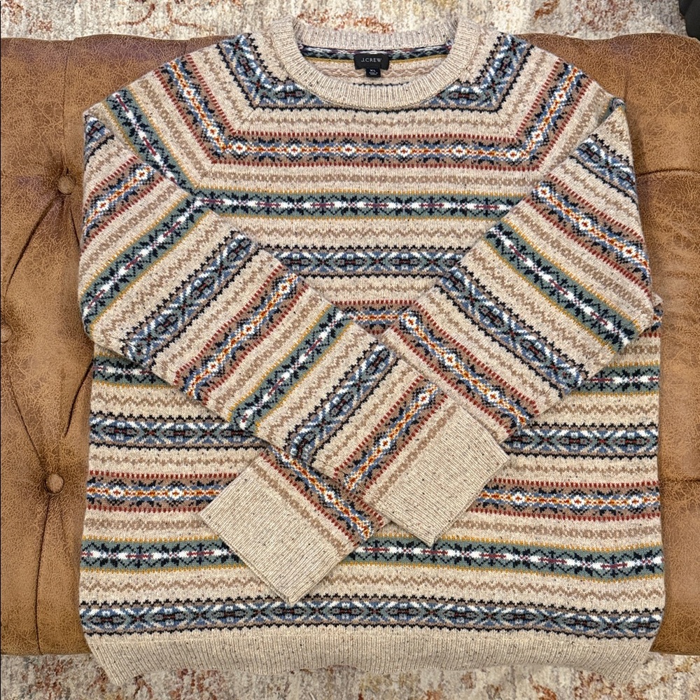 J. Crew Men's Beige Multicolor Patterned Crewneck Sweater
